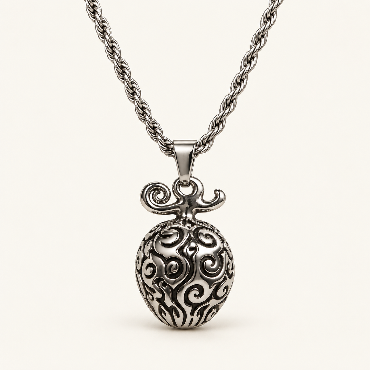 AI studio render of Relic House Devil Fruit pendant and rope chain on ivory