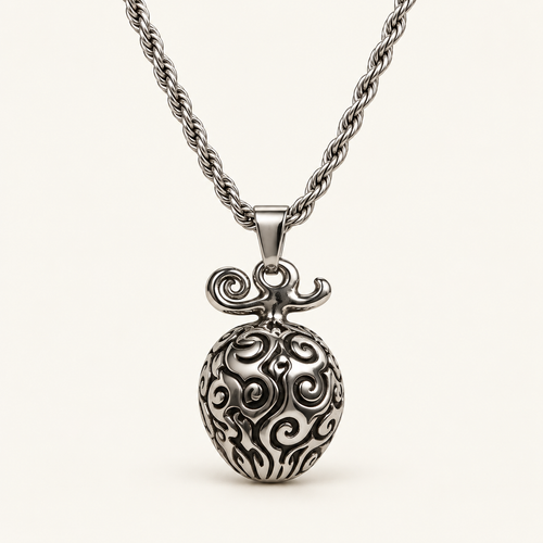 AI studio render of Relic House Devil Fruit pendant and rope chain on ivory