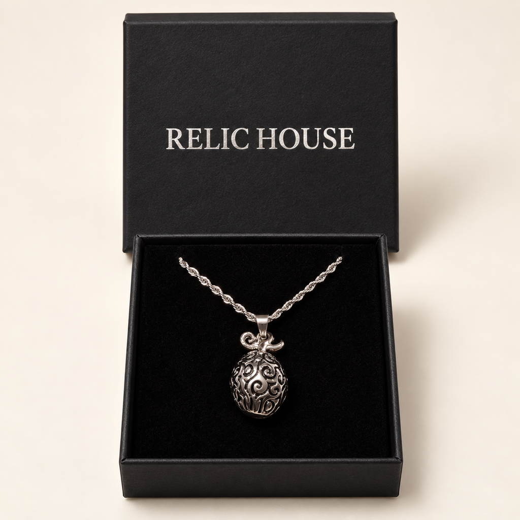 AI studio render of Devil Fruit necklace in Relic House packaging