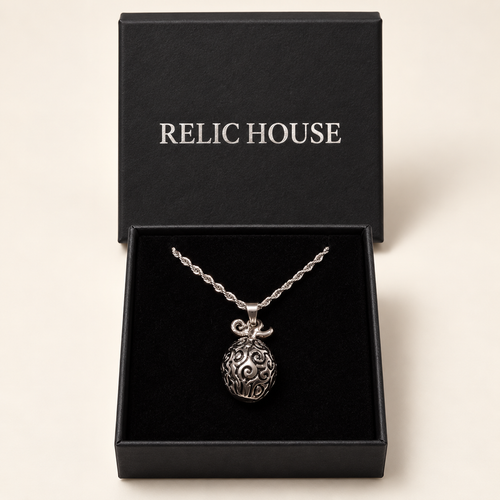AI studio render of Devil Fruit necklace in Relic House packaging