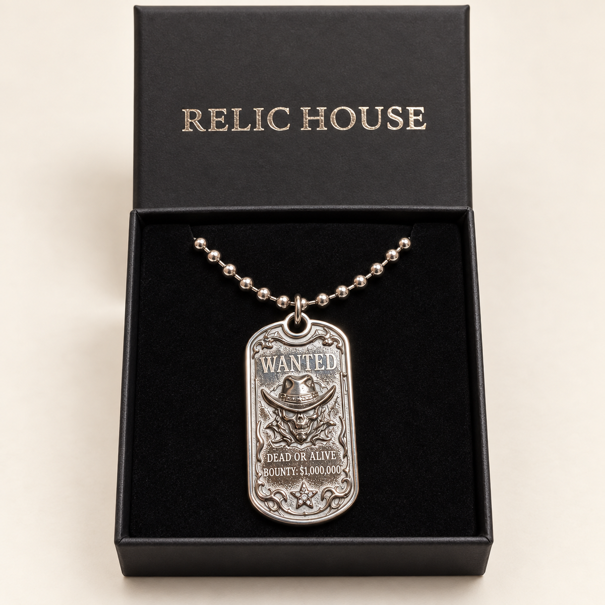 AI studio render of Wanted necklace in Relic House packaging