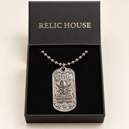 AI studio render of Wanted necklace in Relic House packaging