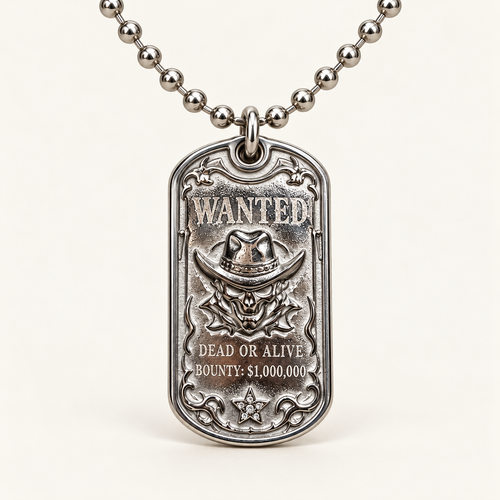 AI studio render of Relic House Wanted tag with rhinestone star and ball chain on ivory